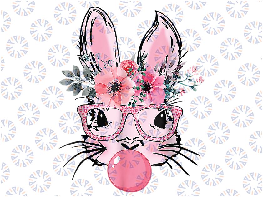 Bunny Face With Glasses Bubblegum Happy Easter Women Girls Png, Bunny with Heart Glasses Png, Rabbit Bandana Glasses Bubblegum Png