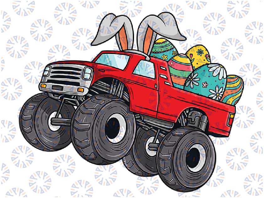 Kids Red Monster Truck Eggs Easter Egg Hunting Png ,Cute Easter Png, Happy Easter Day, Digital Download