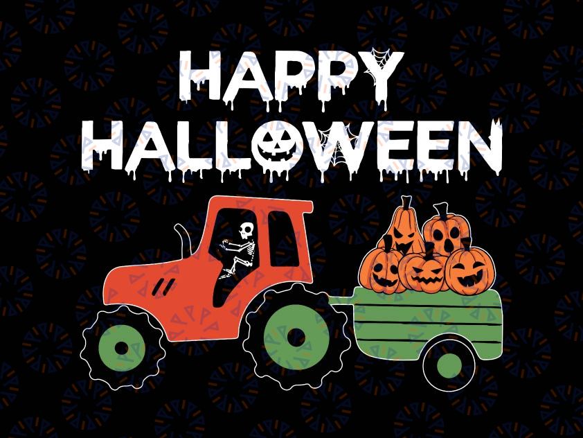 Happy Halloween Skeleton Riding Tractor Svg, Fall Tractor svg, Pumpkin tractor svg, harvest svg, boy svg files, tractor pumpkin svg