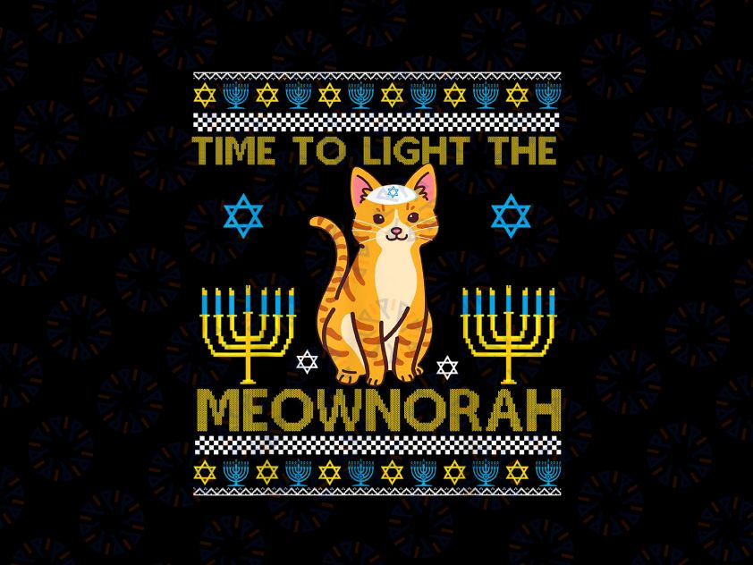 Time To Light The Meownorah Jewish Cat PNG, Menorah Lover Ugly Chanukah PNG, Funny Hanukkah Png, Cat Png Sublimation Design