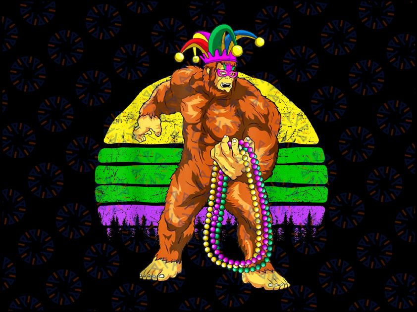 Bigfoot Mardi Gras Sasquatch Jester Hat Funny Men Women PNG File Sublimation Design Mardi Gras, Mardi Gras Carnival Party, Fat Tuesday PNG