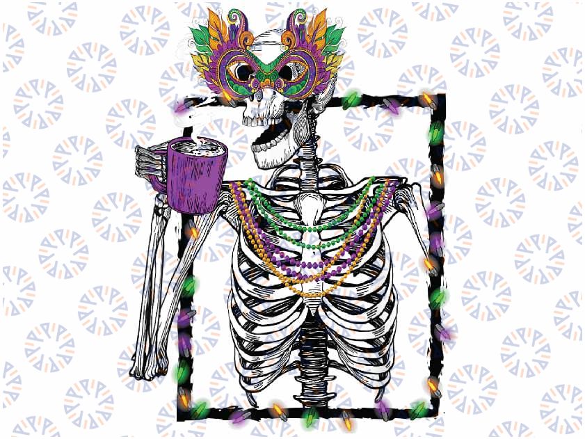 Mardi Gras Skeleton Drinking Coffee Mask Beads Png ,Mardi Gras Png, Digital download