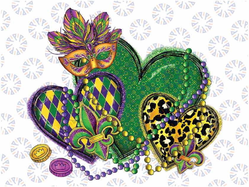 Mardi Gras Hearts Leopard Print Fleur de lis Symbol Mask Png ,Mardi Gras Png, Digital download