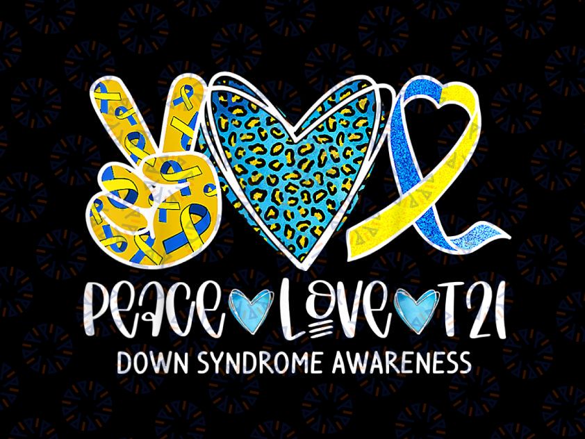 Peace Love Cure Blue & Yellow Ribbon Down Syndrome Awareness PNG, Peace love cure Sublimation Png