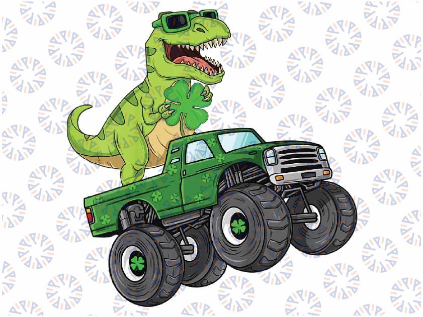 Kids St Patricks Day T Rex Riding Monster Truck Dino Png, St Patrick Clipart, Saint Patricks, Shamrock Png, Png Sublimation