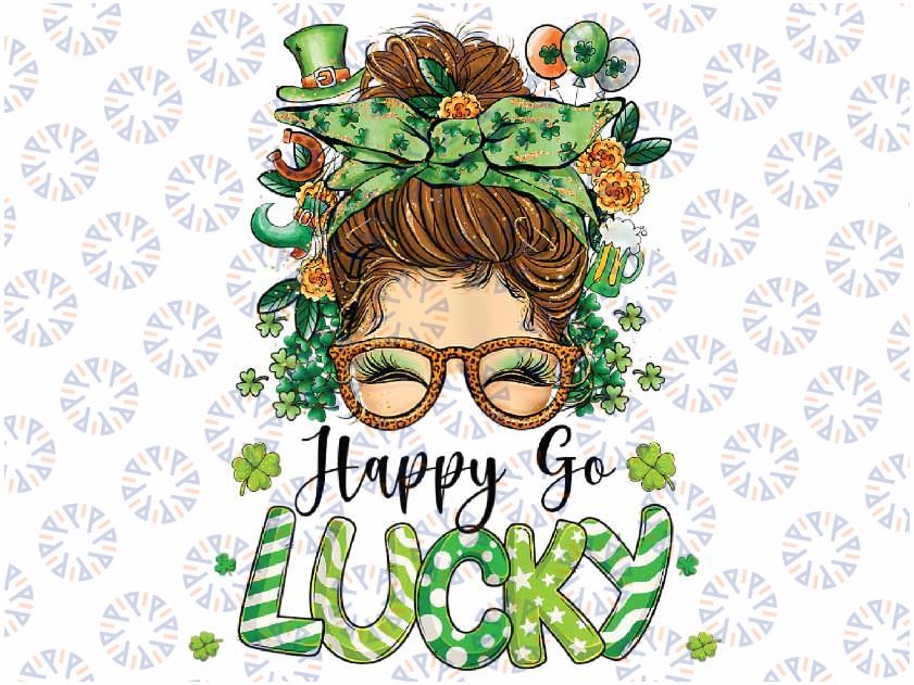 Womens Happy Go Lucky Mes-sy B-un Shamrock St Patrick's Day Png, Me-ssy Bun Png, Shamrock Png, St Patrick's Day Png, Digital Download