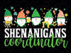 Shenanigans Coordinator St Patricks Day Gnomes Green Proud Svg, St Patrick's Day, St. Patrick Gnome Design, Digital Download