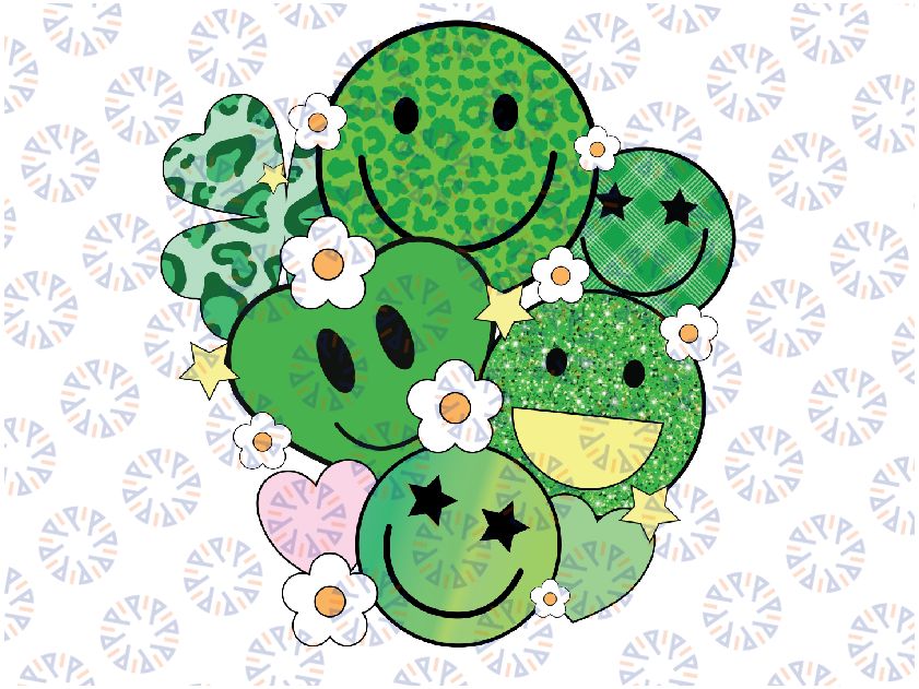 St Patrick's Day Smiley Faces PNG Sublimation Design, St Patricks Day Love Smile Clover Hearts Retro Groovy Digital Download