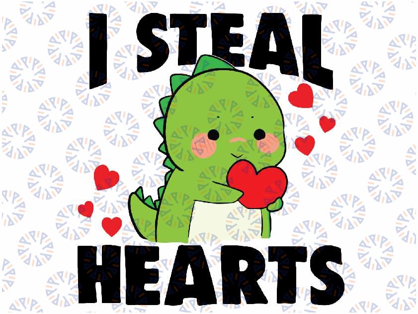 I Steal Hearts T-rex Dino Baby Boy Valentines Day Toddler Svg, Retro Valentine Png, Dinosaur Holding Heart Svg, Digital Download