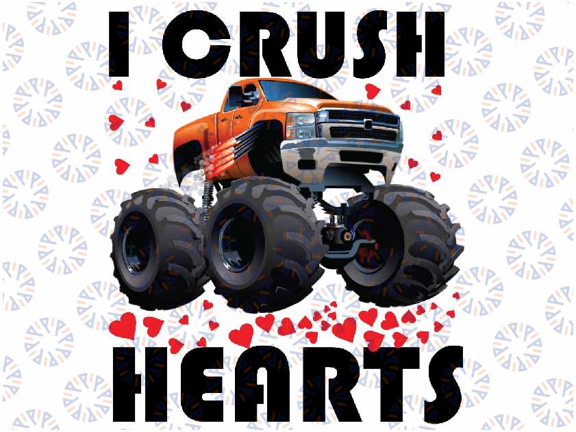 Kids Valentines Day Monster Truck Png, I Crush Hearts Valentine Png, Crush Hearts Monster Truck Boys Valentines, Digital Download