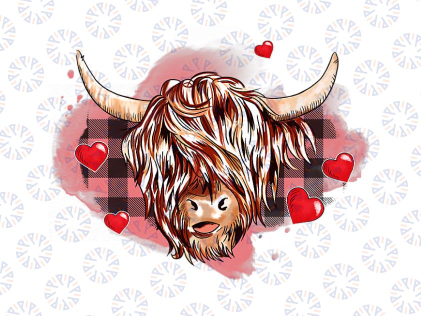Valentine Highland Cow Heart PNG, Buffalo Plaid Cow Lover Farmer Png, Valentines Highland Cow With hearts Png, Valentine Sublimation Graphics