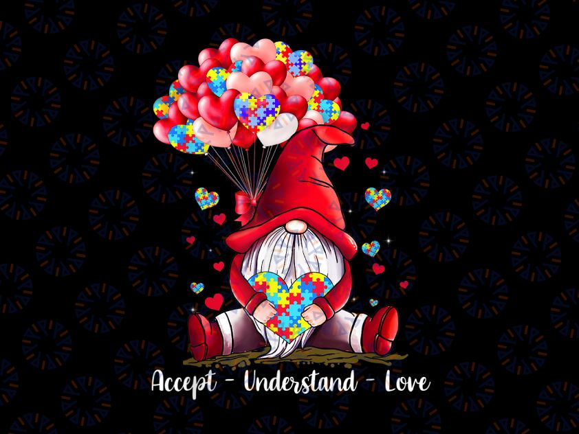 Accept Understand Love Autism Awareness Gnome Valentine Png Autism Awareness Png, Puzzle Pieces Sublimation PNG Instant download