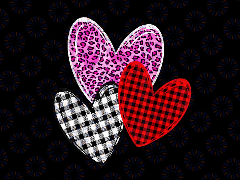 Valentines Day Hearts Leopard Pink Buffalo Plaid Png, 3 Hearts Valentine png, Valentine's shirt gift png Design Sublimation