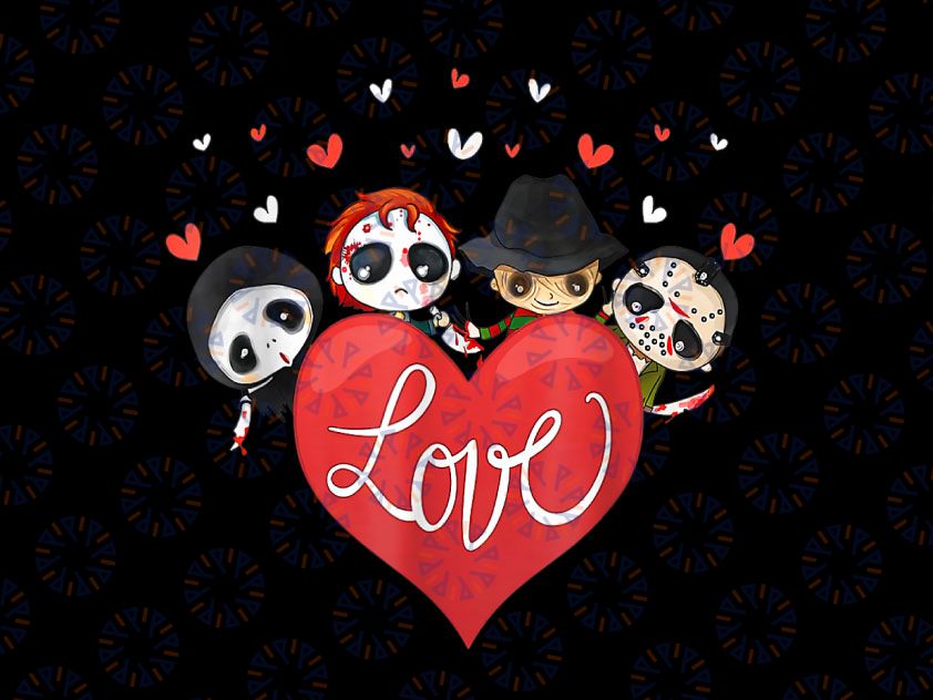 Horror Movie Character PNG, Chibi With Heart Love Valentine's Day Png, Horror Movie Chibi Valentine Sublimation