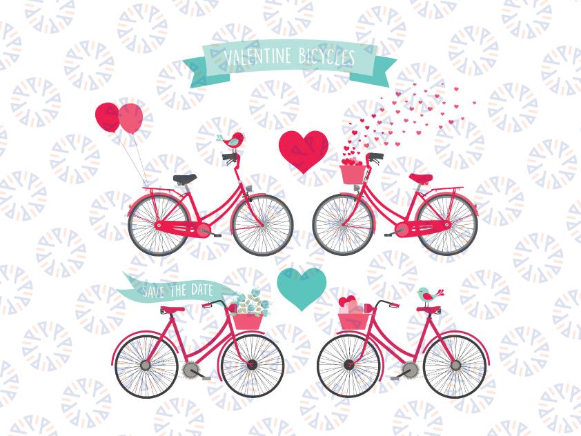 Valentine's Day Bicycles, Wedding bikes clipart, Balloons, Ribbon Banner, Save the Date, Commercial use, Vector Clip Art, SVG, PNG