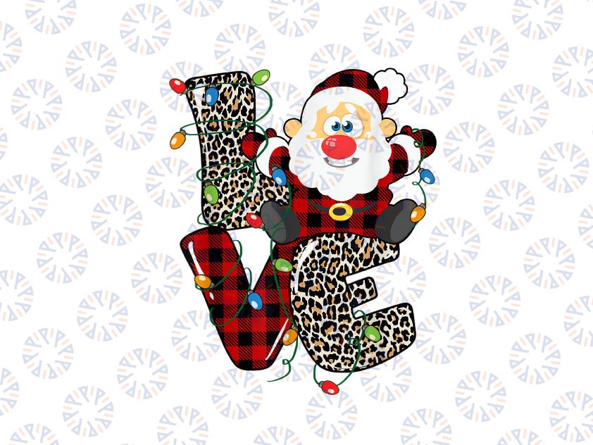 Love Santa Claus Buffalo Plaid Red Leopard Christmas Lights PNG, Merry Christmas Design Santa Clipart Sublimation Download