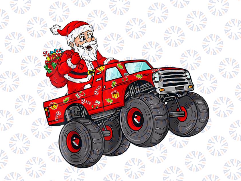 Christmas Santa Claus Riding In Monster-Truck PNG, Monster Truck Christmas Boys Kids Xmas Png, Christmas Tree Truck Png, Monster Truck Png