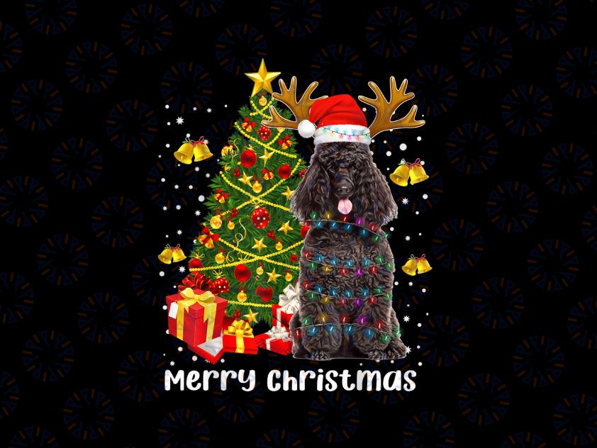 Black Poodle Santa Christmas Tree Lights Xmas Reindeer Dog PNG, Poodle Black and Tan Phantom Santa's Helper Christmas PNG Sublimation