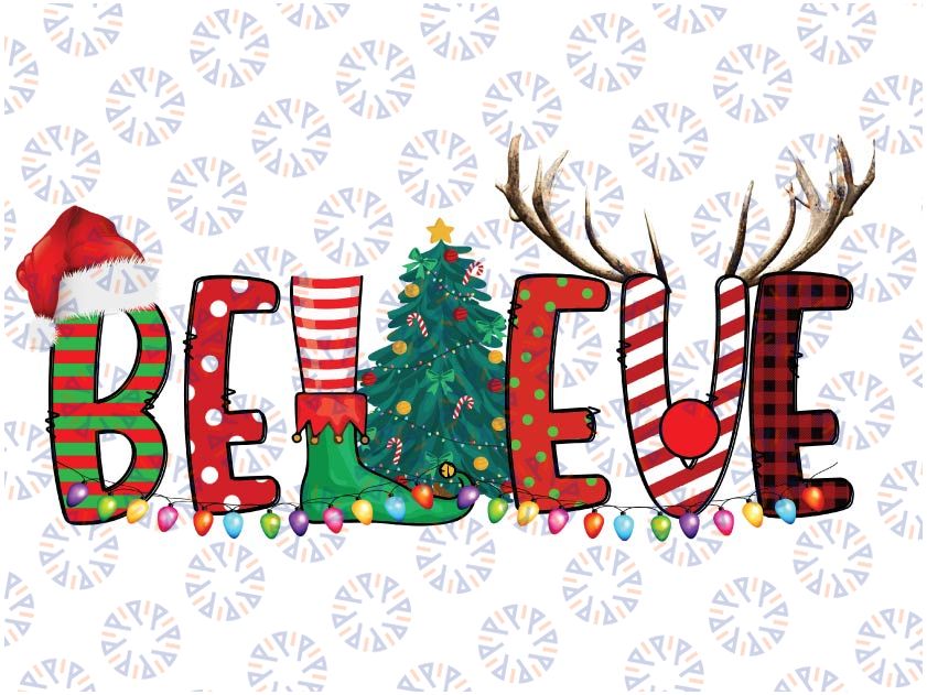 Christmas Believe San-ta Hat E-lf Xmas Tree Antlers Boys Girls Png, Believe Christmas File PNG Sublimation File Bufalo plaid Letters San-ta