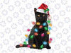 Christmas Black Cat With Santa Hat Lights For Cat Lover Xmas Png, Merry Christmas Cat Sublimation Design, Black Cat PNG, Watercolor Merry