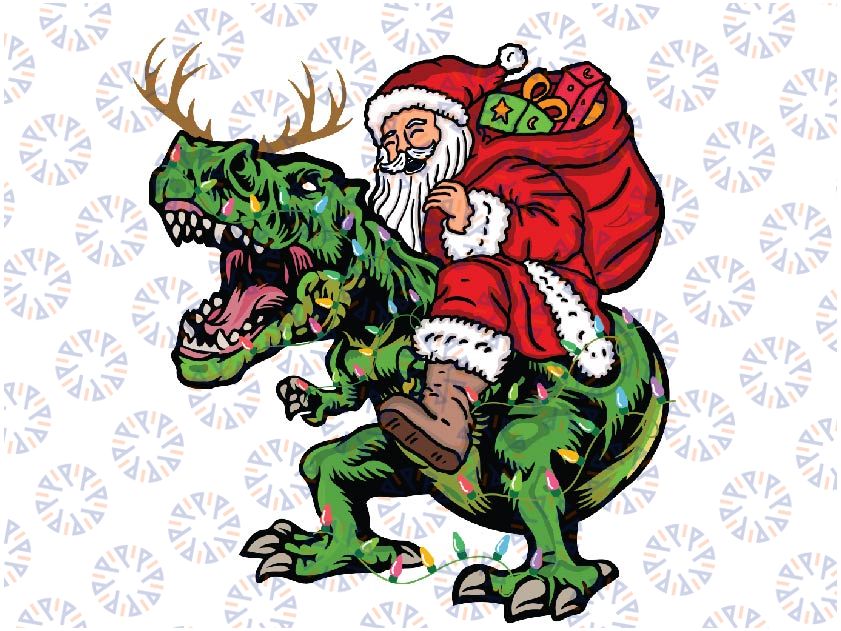 Santa Riding Dinosaur T rex Deer Kids Boys Men Christmas Png, Christmas Light T-rex, Png Files For Sublimation