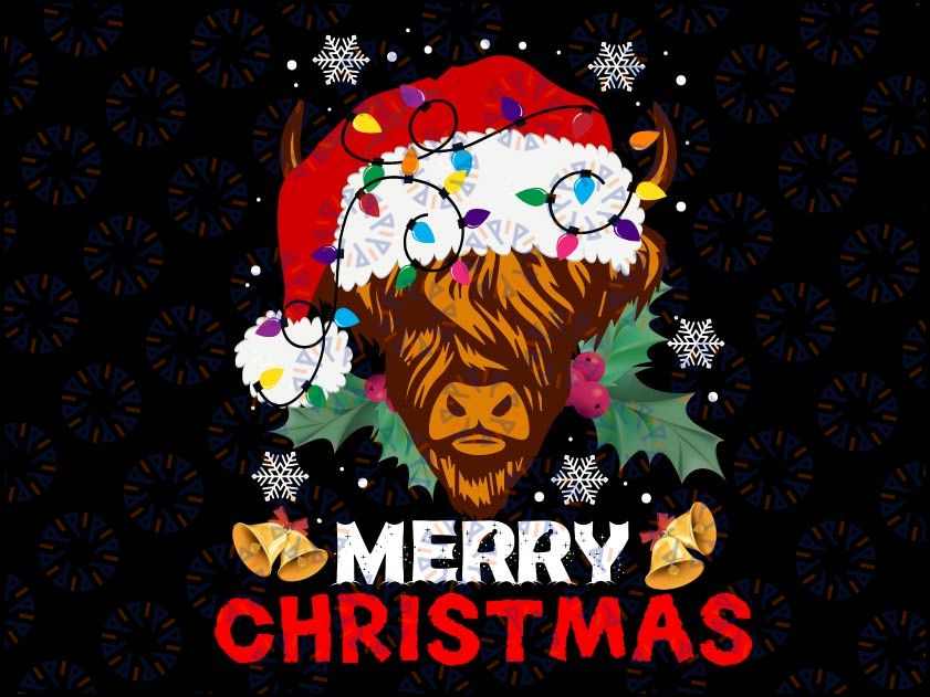 Merry Christmas Highland Cow San-ta Hat Xmas Pajamas, Christmas Highland Cow Png Sublimation Png,Christmas Png, Cow Png,Light Png, Farm Cow Png,