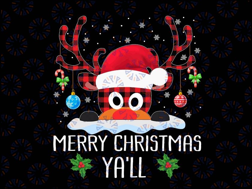 Merry Christmas Ya'll Reindeer Santa Hat Buffalo Red Plaid Png, Merry Christmas Y'all PNG reindeer png, Sublimation download png