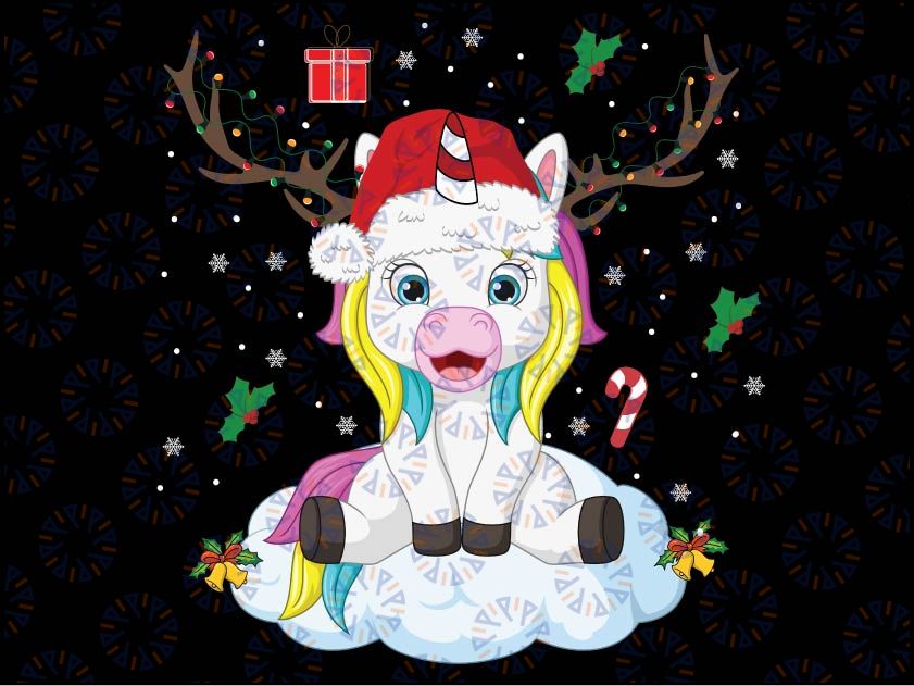 Cute Christmas for Girls Kids Xmas Unicorn Deer San-ta Png,Unicorn Christmas season PNG File, Christmas Unicorn with Light Horn Png