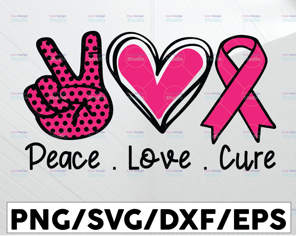 Peace love Cure SVG, Cancer Ribbon Svg, Pink Rainbow Svg, Pink Rainbow png, Hand Peace Sign SVG, svg for Cricut Silhouette png jpg dxf