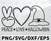 Peace Love Halloween svg, Peace svg, Love svg, Halloween Clipart, Halloween Cutfile, Pumpkin svg, witch hat svg, Peace Love Clipart