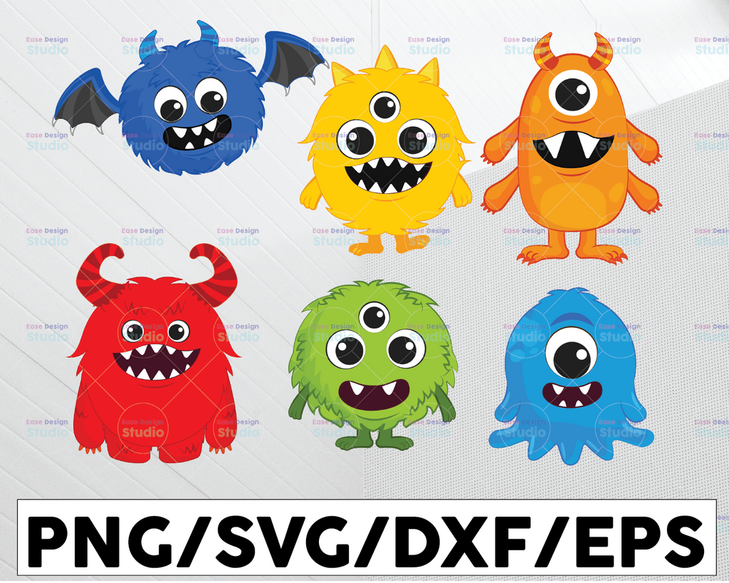 Monsters Svg Bundle, Silly Monster with Horns Clipart, One Eyed Cut File, Little Monster Birthday Bash Party, Silhouette Cricut