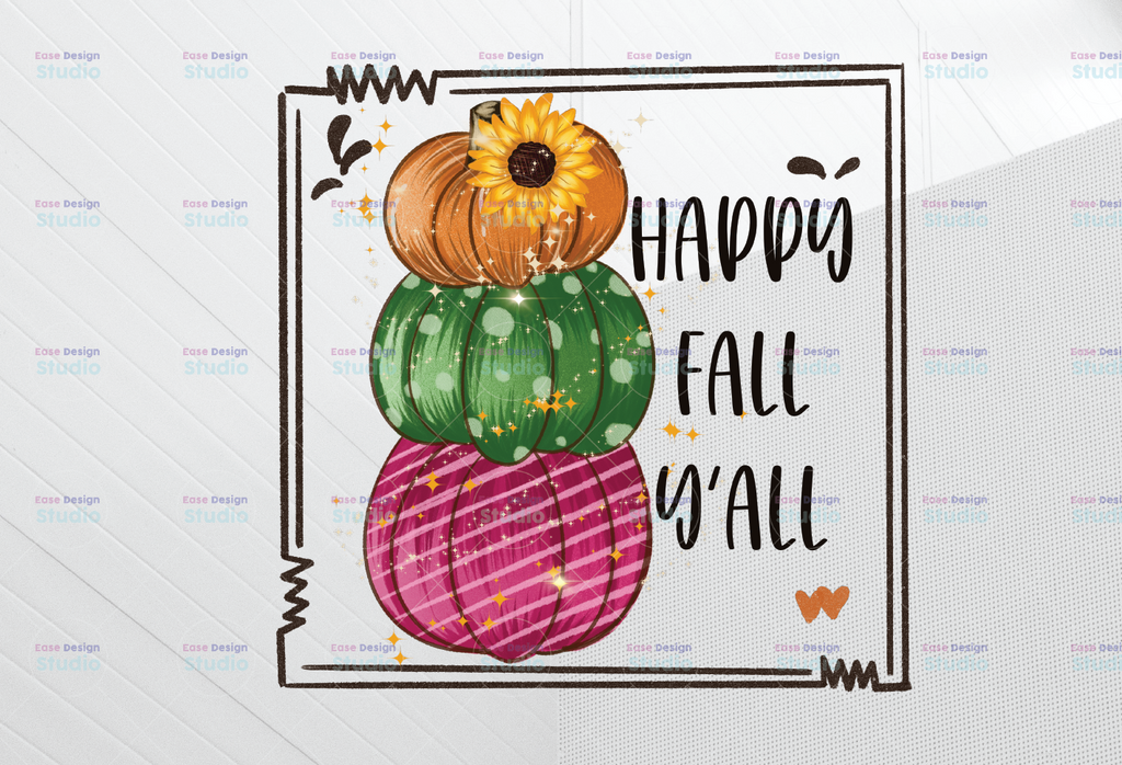 Happy Fall Y’all PNG, Pumpkin with Sunflower png, Bright Stacked Pumpkins PNG , Hand Drawn ,Sublimation Design