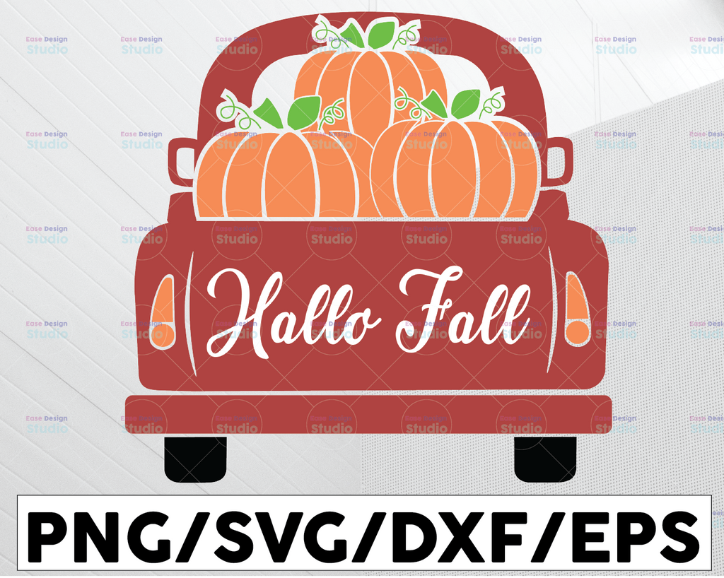 Hello Fall Vintage Truck SVG Files for cutting machines, Pumpkins, Autumn, Thanksgiving, digital clipart