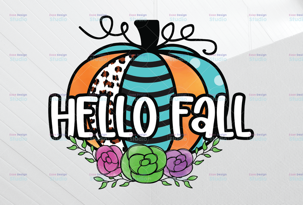 Hello Fall Pumpkin Png, Hello Fall design, transparent PNG file for sublimation, Halloween design, Striped & Leopard pumpkin design