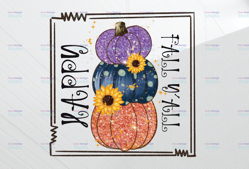 Happy Fall Y’all PNG, Pumpkin with Sunflower gliter png, Bright Stacked Pumpkins PNG , Hand Drawn ,Sublimation Design