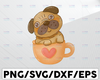 Cute Pug PNG, Coffie, Cup, Sublimation, Digital Download, Pug Clipart, Unicorn, Children Printables, Dog, Cartoon, Illustration, Clip art