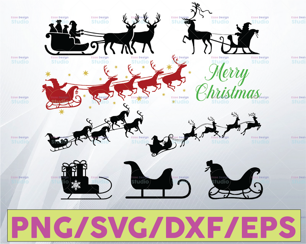 Santas Sleigh SVG Bundle,Christmas Vector image,Christmas svg file for cricut, reindeer sleigh silhouette svg, dxf,eps,png, Digital Download