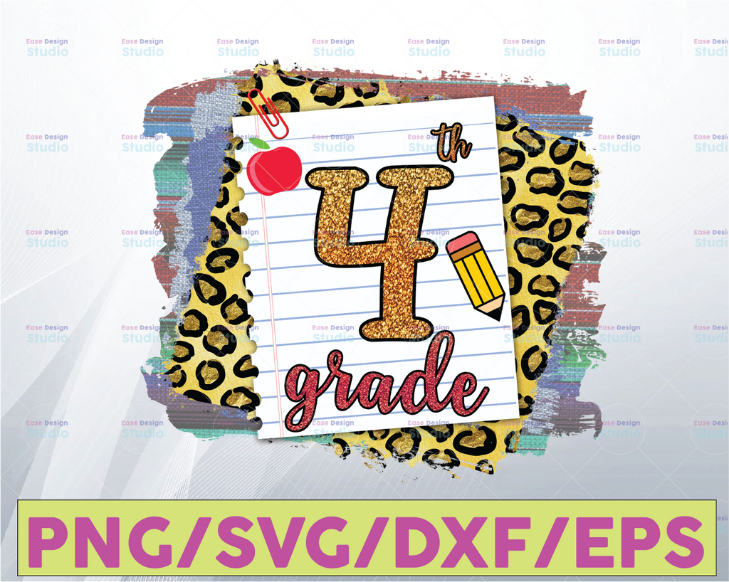 Back to school, Fourth grade leopard clipart, PNG file for sublimation, first day of school, printable, 4th grade printable