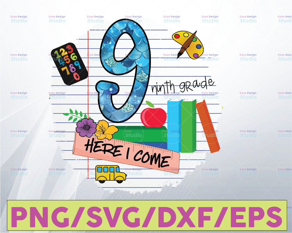 Ninth Grade Here I Come PNG, Back to School, High School, Digital Download, Books png , teacher apple png, Serape 9th