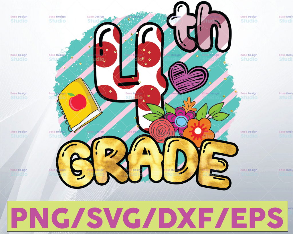 4th Grade Level Shirt Fourth Teacher Apple Colorful Floral Preppy Pattern Digital Design Sublimation Clipart PNG Download