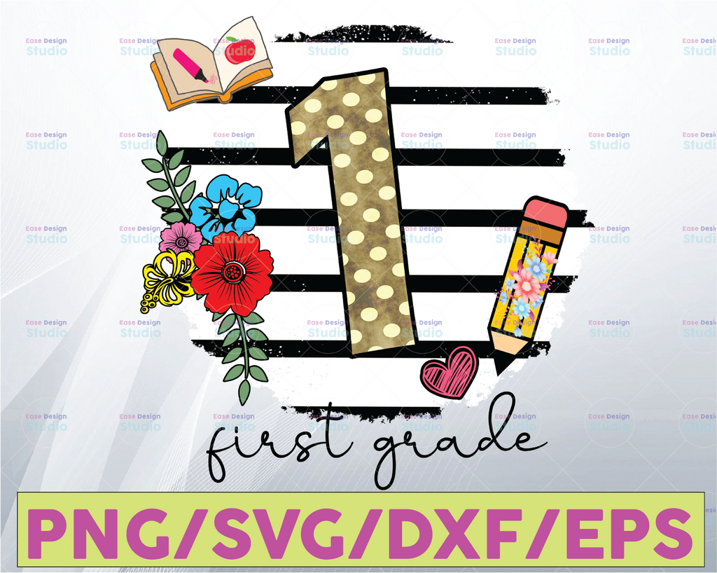 First Grade png, 1st Grade png, Apple png, Pencil png, Back To School png, First Day Of School png, Teacher png, Flower png, Sublimation