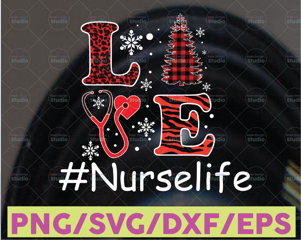 Love Nurse Leopard Buffalo Plaid Pine Tree Christmas Nurse Life Christmas 2021 Svg Png Eps Dxf