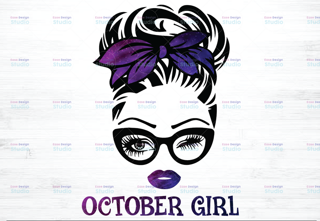 October Girl png, Messy Bun Birthday Png, Face Eys png, Winked Eye png, Birthday Month png, Digital download