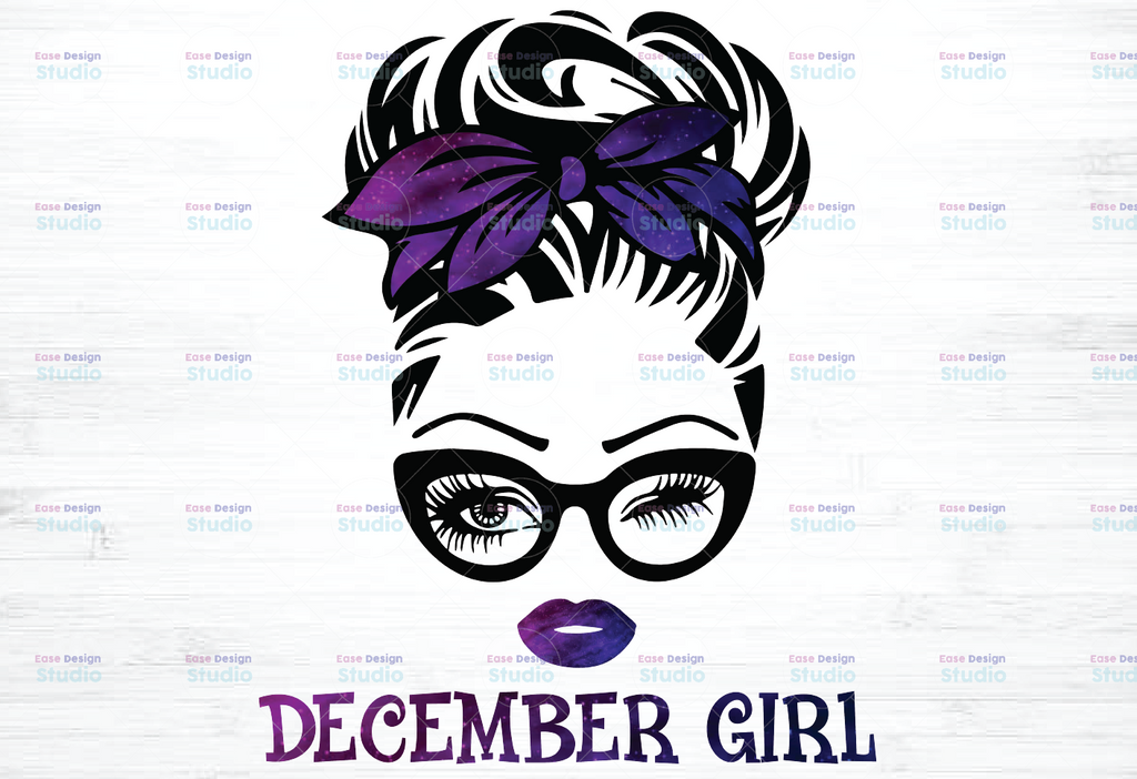 December Girl png, Messy Bun Birthday Png, Face Eys png, Winked Eye png, Birthday Month png, Digital download