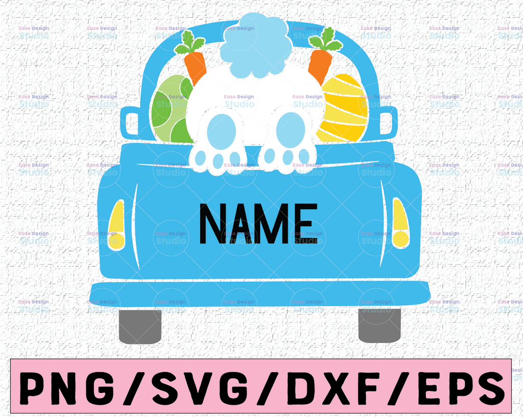 Personalized Name Easter Truck SVG, Truck with Easter Bunny and Easter Eggs Bunny on Truck Vintage Happy Easter Truck Clipart SVG DXF Cut Files for Cricut