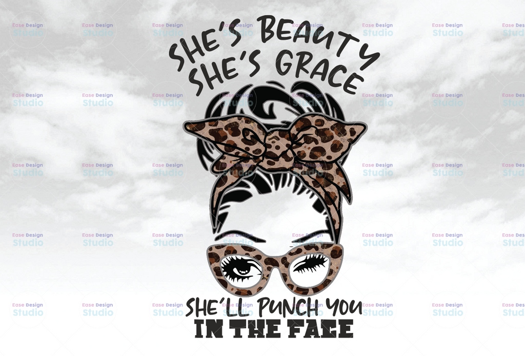 Messy Bun Brown Leopard mom life, She's beautiful Grace She'll punch you in the face Gift PNG Files Digital Art