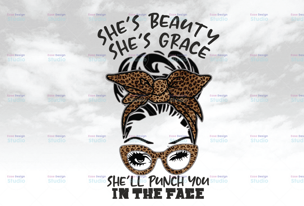 Messy Bun Leopard mom life, She's beautiful Grace She'll punch you in the face Gift PNG Files Digital Art