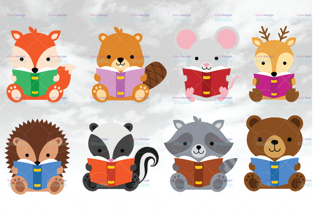 Animals Reading a Book Clipart, Woodland Animals, Back to School Printable Only PNG Files