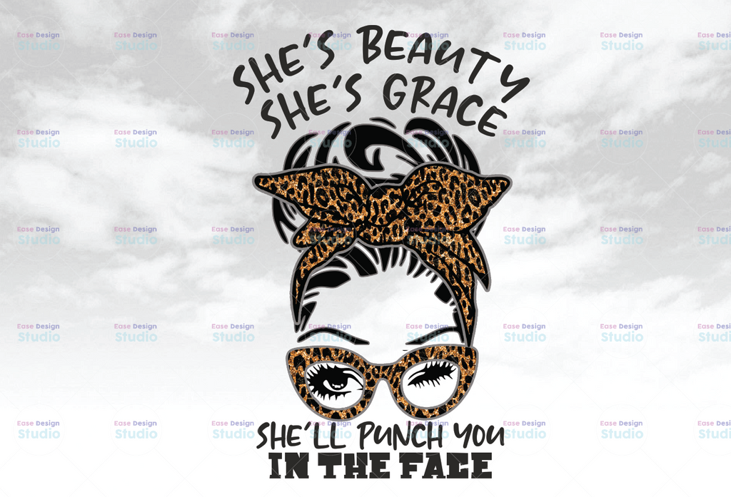 Messy Bun Gilter Gold Leopard mom life, She's beautiful Grace She'll punch you in the face Gift PNG Files Digital Art