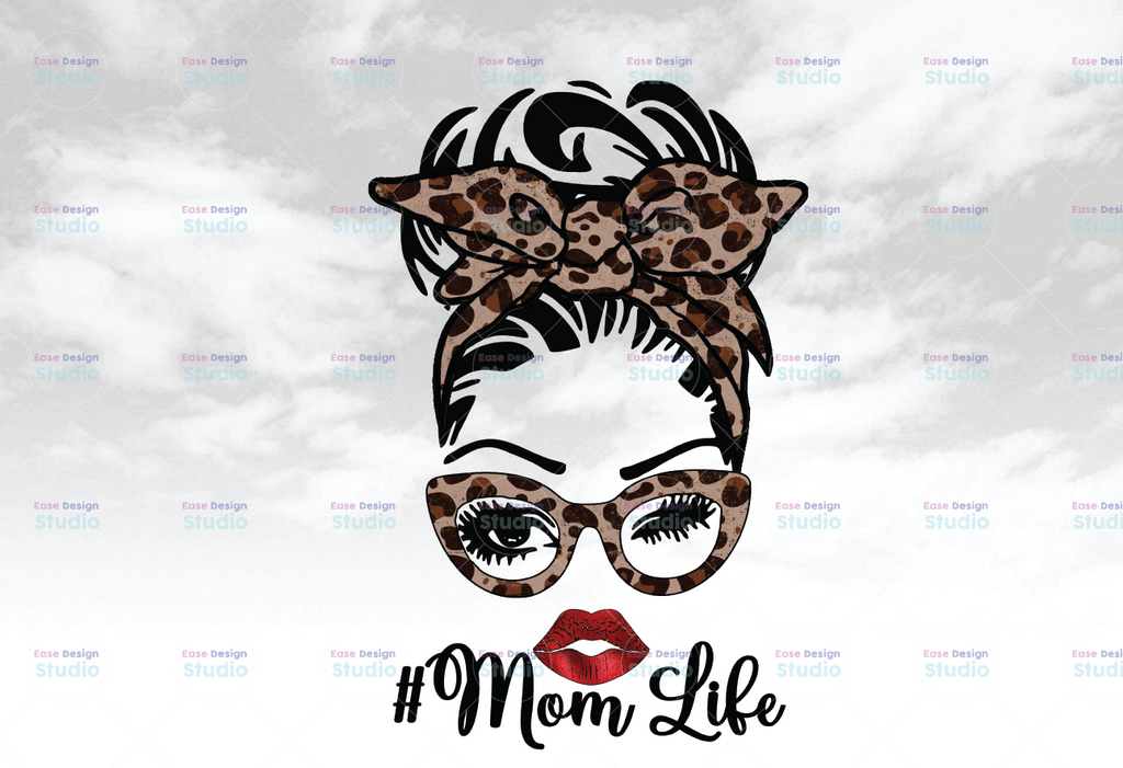 Mom Life Brown Leopard Head Messy Bun Print Sublimation Transfer